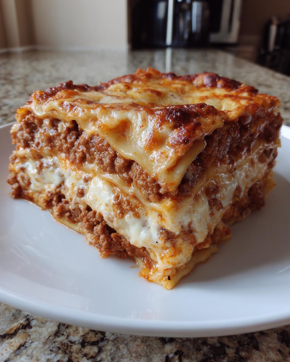 A thick, square slice of amazing 1-layer lasagna with rich meat sauce and melted, browned cheese.