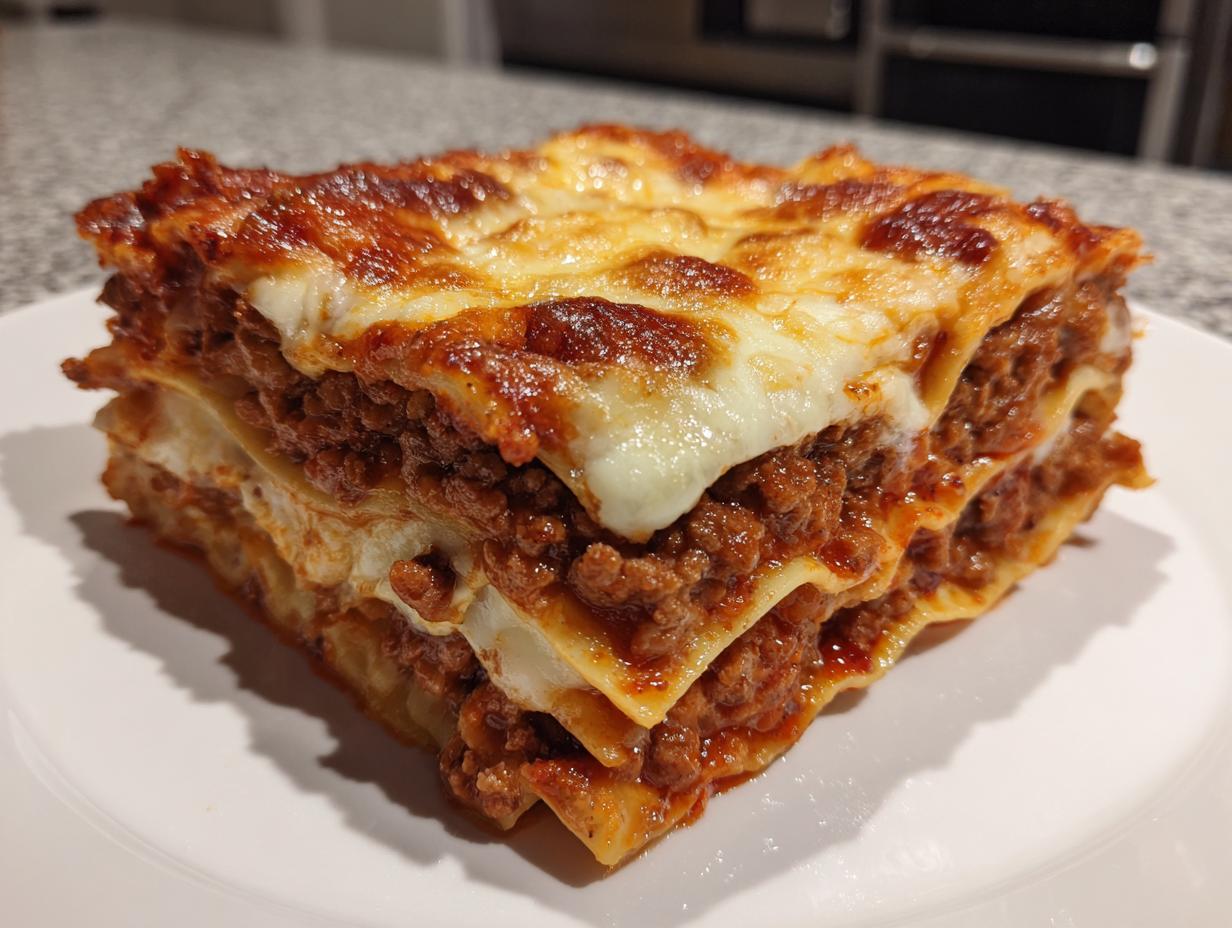 A thick, layered slice of amazing 1-layer lasagna featuring rich meat sauce and melted, browned cheese topping.