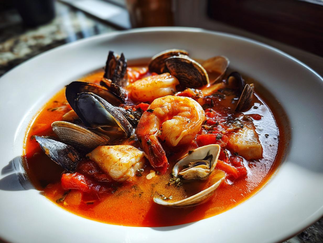 Close-up of a bowl of amazing 1-Pot seafood soup featuring shrimp, mussels, clams, and white fish in a rich red broth.