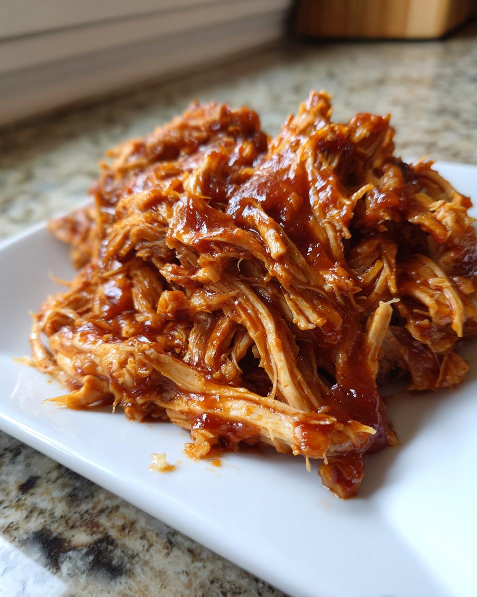 A close-up shot of tender, shredded pulled chicken coated generously in a rich, glossy barbecue sauce, served on a white plate.