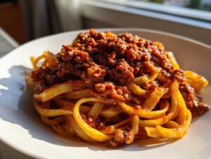 A close-up of fresh pasta topped generously with rich, meaty bolognese sauce, bathed in sunlight.
