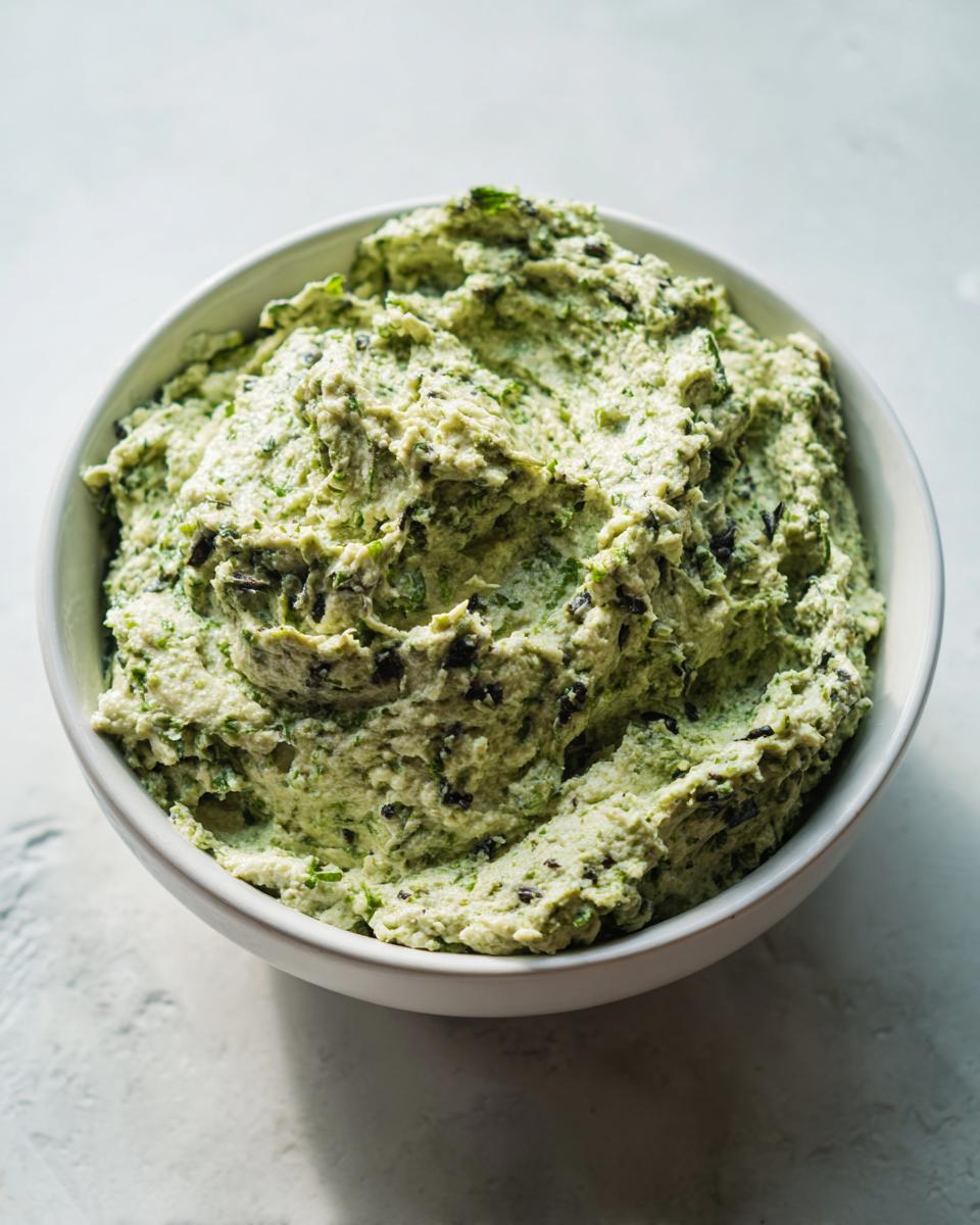 A close-up shot of a white bowl filled with creamy, textured green olive dip speckled with black olive pieces.