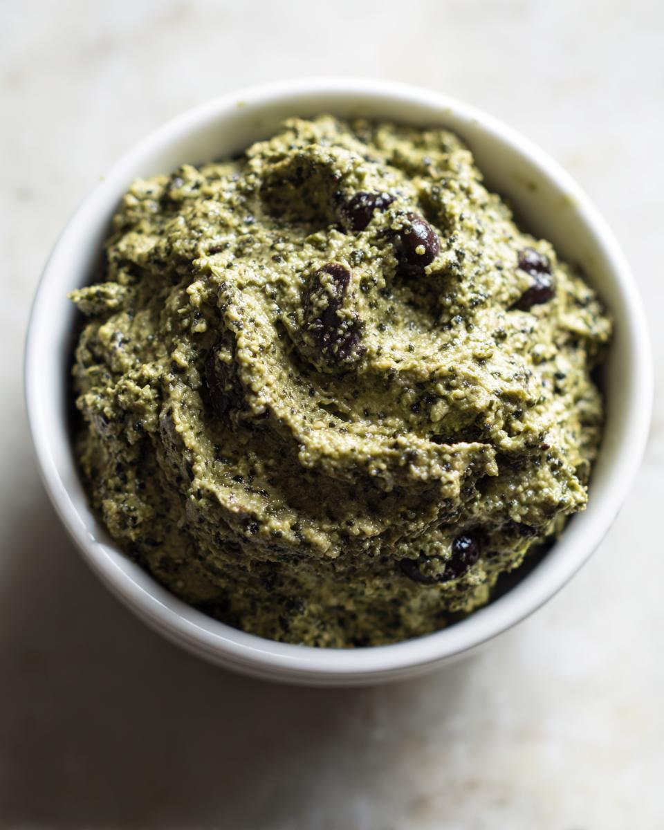 Close-up of thick, textured green olive dip topped with whole black olives in a white bowl.
