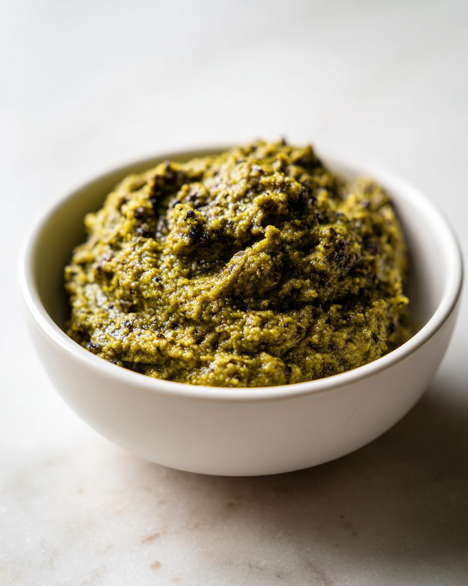 A close-up of thick, textured green olive dip served in a small white bowl on a marble surface.