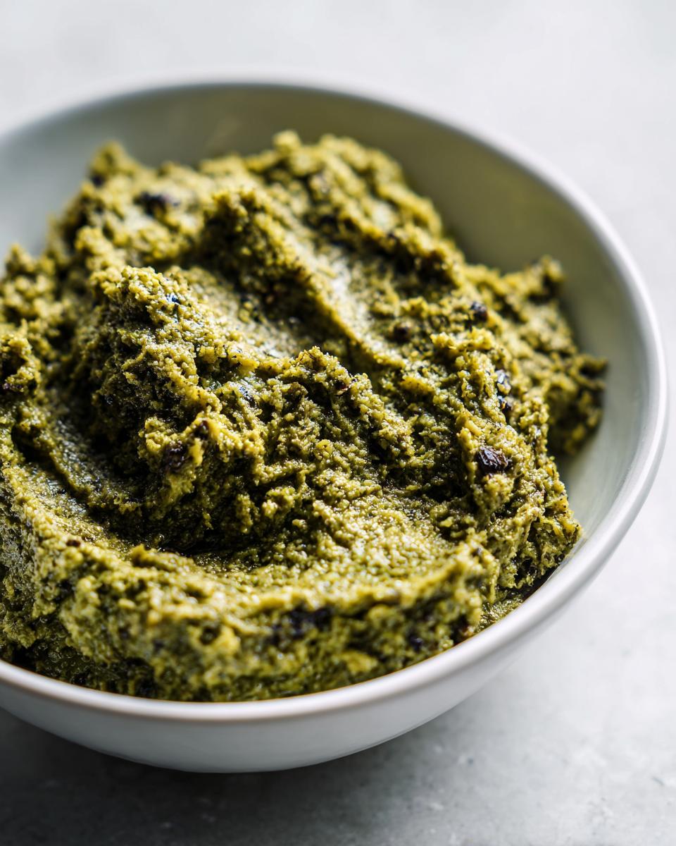 A close-up, textured view of the vibrant green olive dip served in a white bowl.