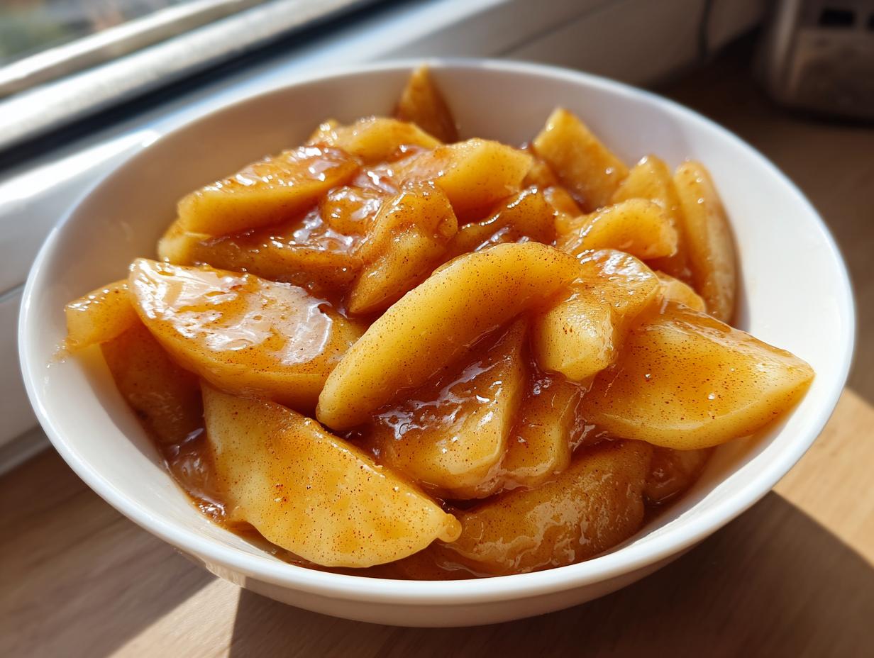 Close-up of sweet, spiced apple pie filling slices coated in thick glaze in a white bowl.