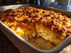 A scoop taken out of a creamy baked potato casserole topped with melted cheddar cheese and a golden brown crunchy topping.