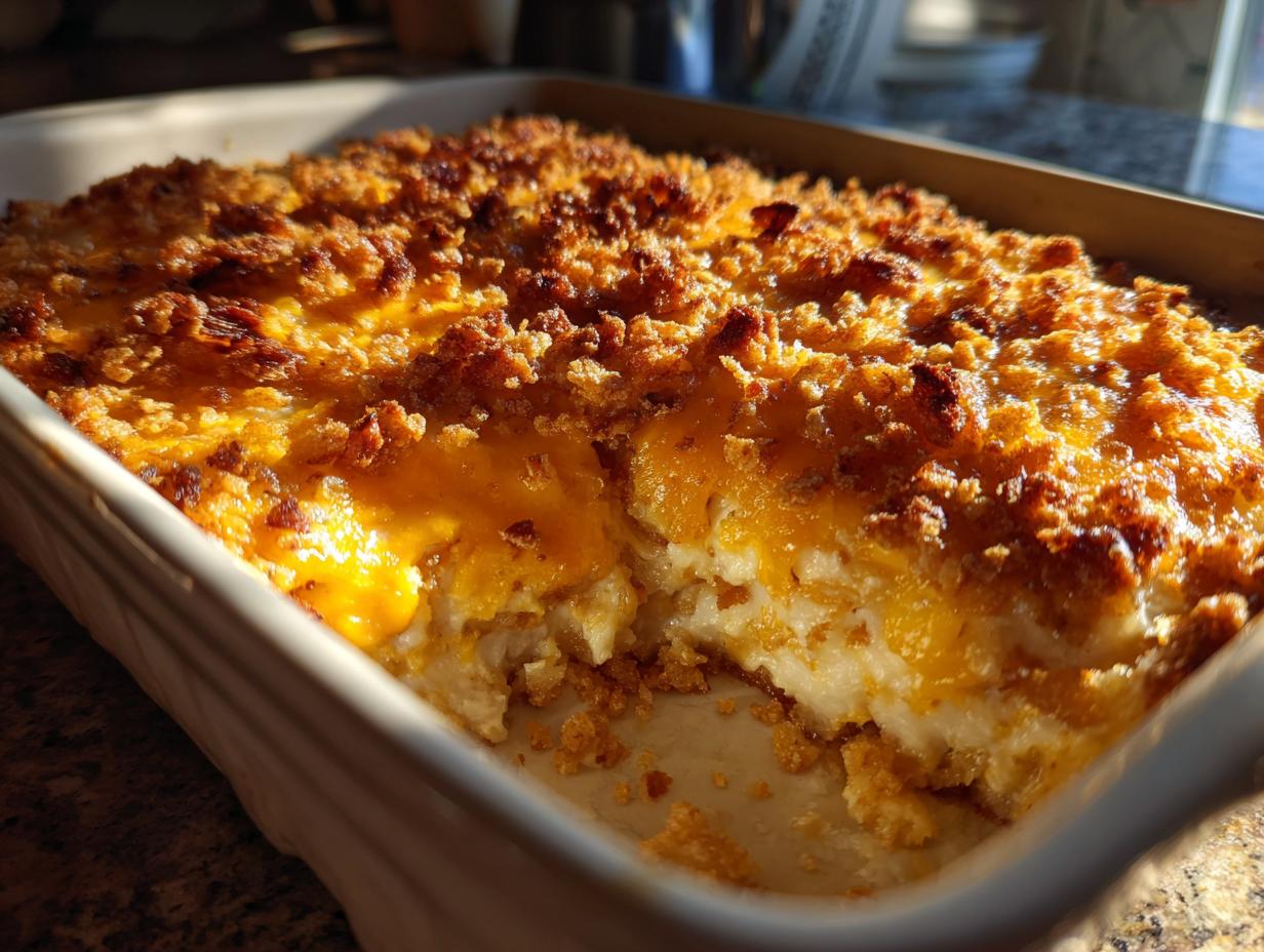 A scoop taken out of a creamy baked potato casserole topped with melted cheddar cheese and a golden brown crunchy topping.