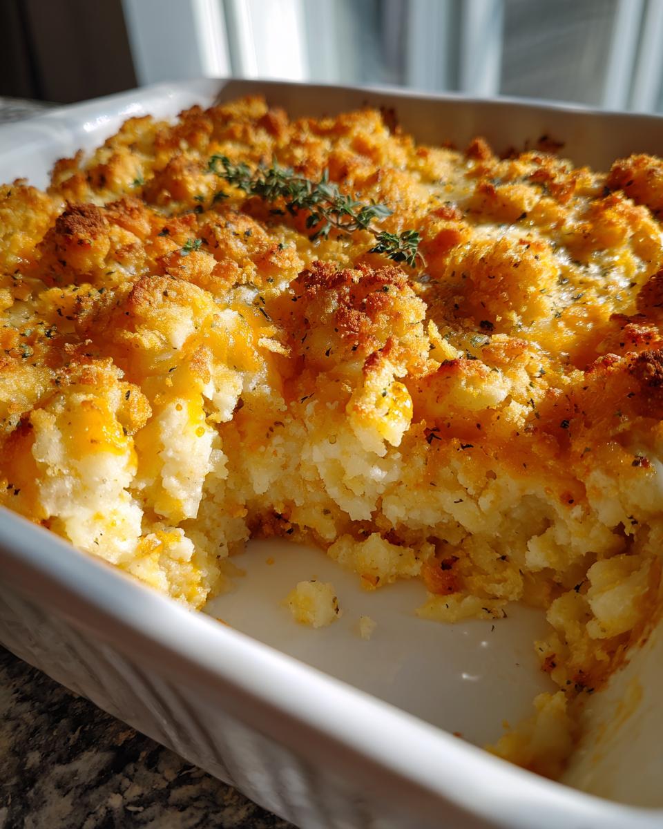 Close-up of a scoop taken from a golden brown baked potato casserole topped with crispy breadcrumbs and fresh thyme.