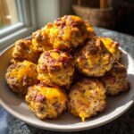A pile of freshly baked bisquick sausage balls topped with melted, slightly browned cheddar cheese.