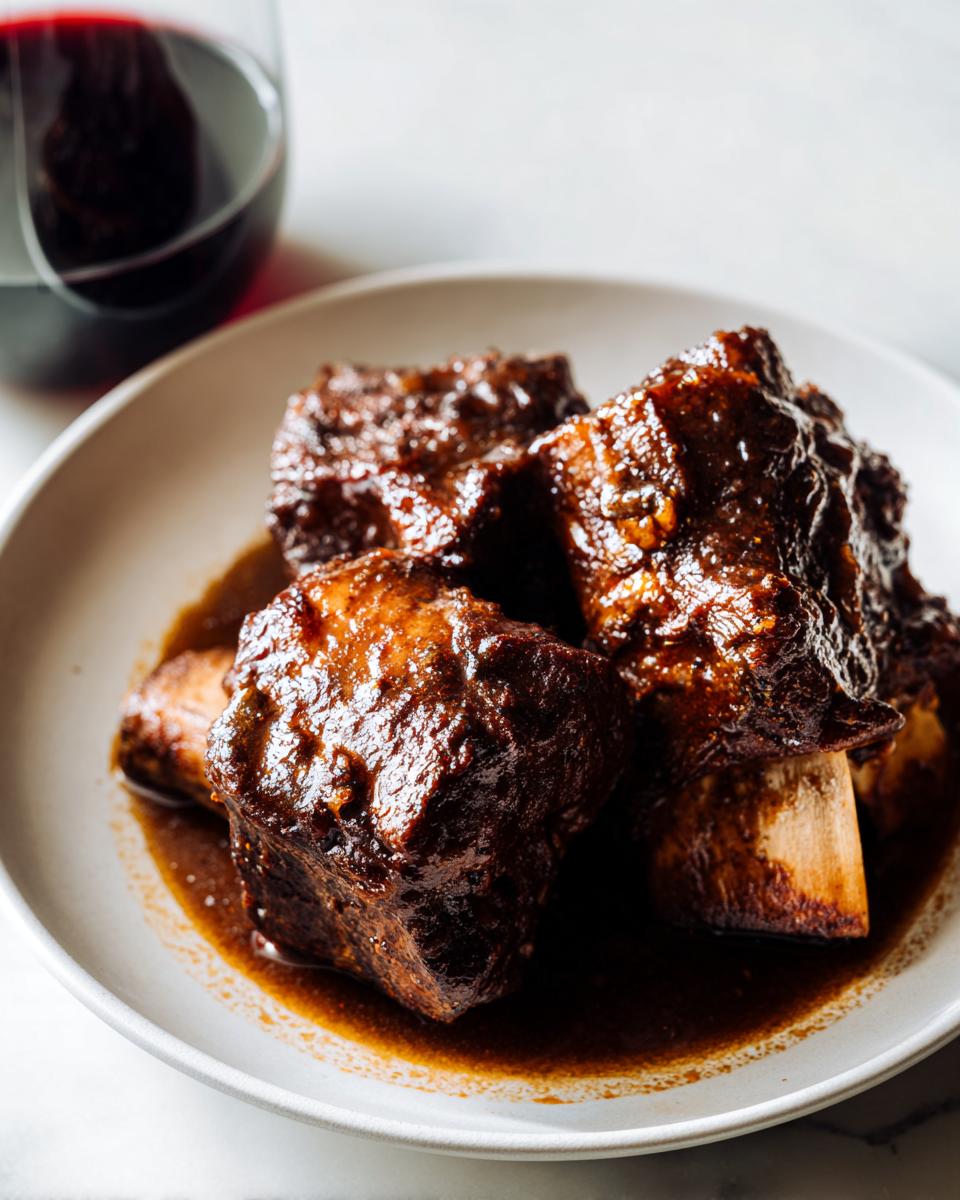 Close-up of tender braised short ribs coated in a rich, dark sauce, served with a glass of red wine.