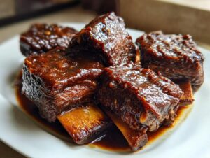 Close-up of tender, dark brown braised short ribs coated in a thick, glossy sauce served on a white plate.