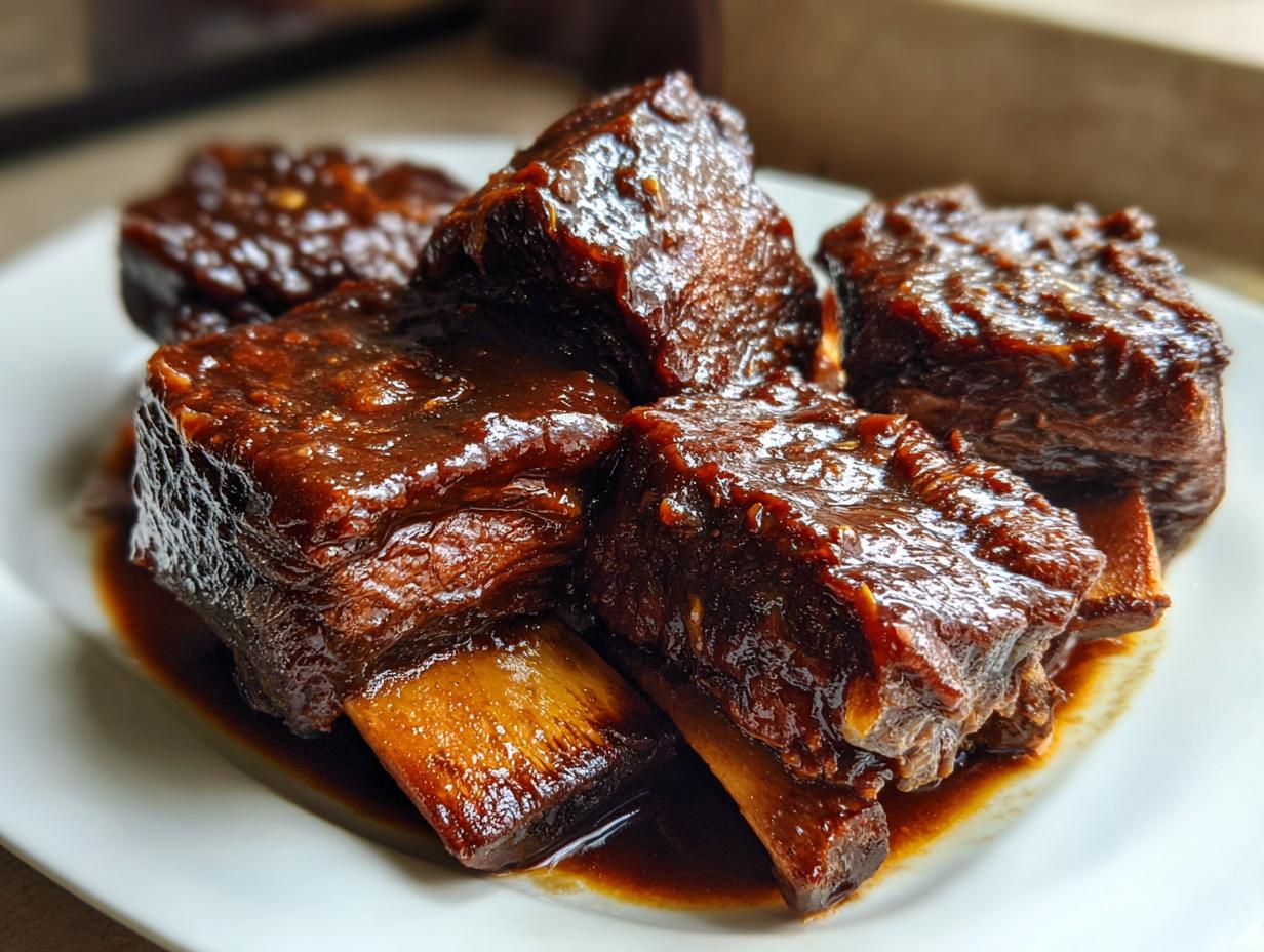 Close-up of tender, dark brown braised short ribs coated in a thick, glossy sauce served on a white plate.