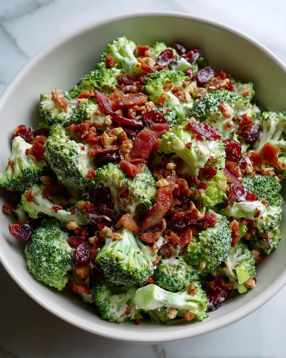 A close-up of creamy Amazing broccoli salad topped generously with crispy bacon bits, dried cranberries, and chopped nuts.