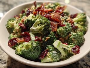A close-up, featured image of a creamy broccoli salad loaded with crispy bacon bits and dried cranberries.