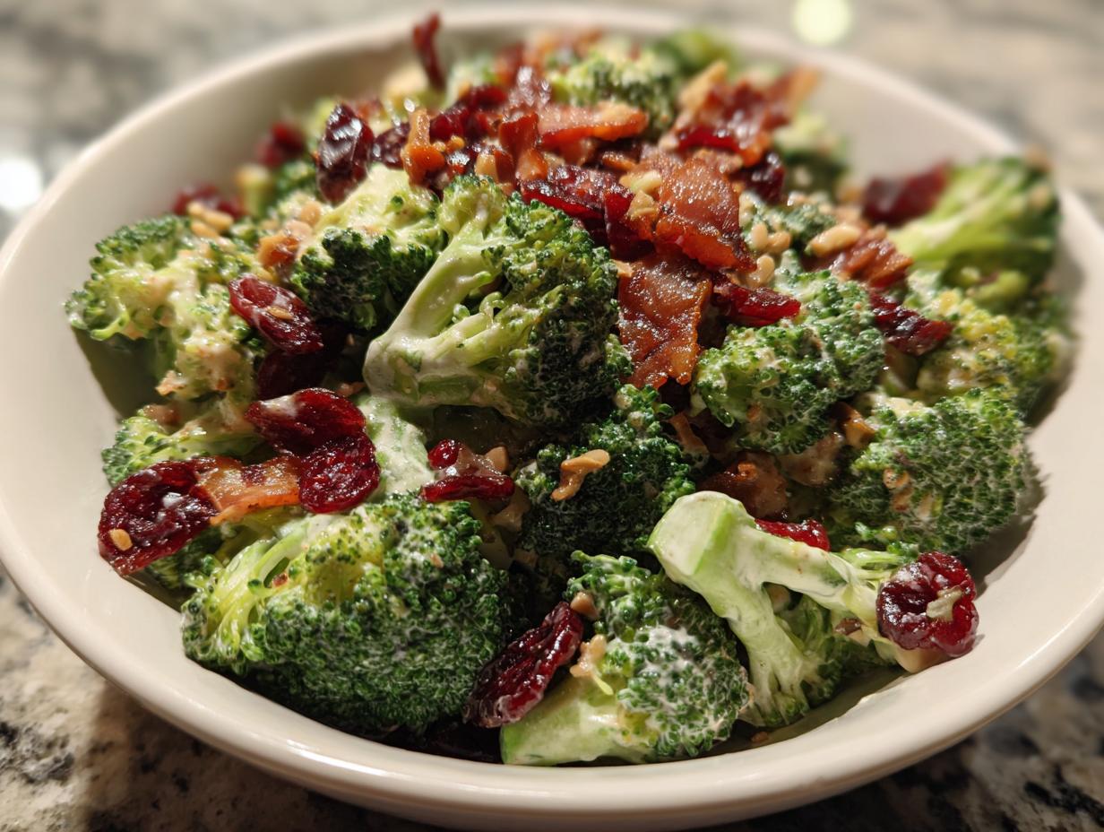 A close-up, featured image of a creamy broccoli salad loaded with crispy bacon bits and dried cranberries.
