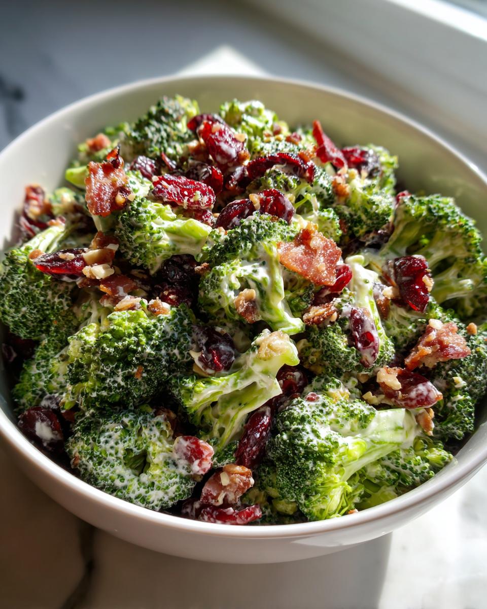 Close-up of a bowl of creamy broccoli salad mixed with dried cranberries and bacon pieces.