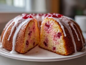 A bundt-style Cherry cake cut in half, showing the pink interior studded with cherries and drizzled with white glaze.