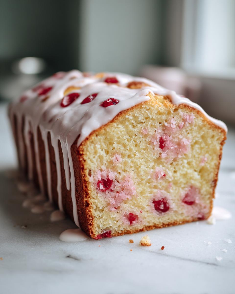 Close-up of a slice of light yellow Cherry cake studded with red cherries and topped with dripping white glaze.