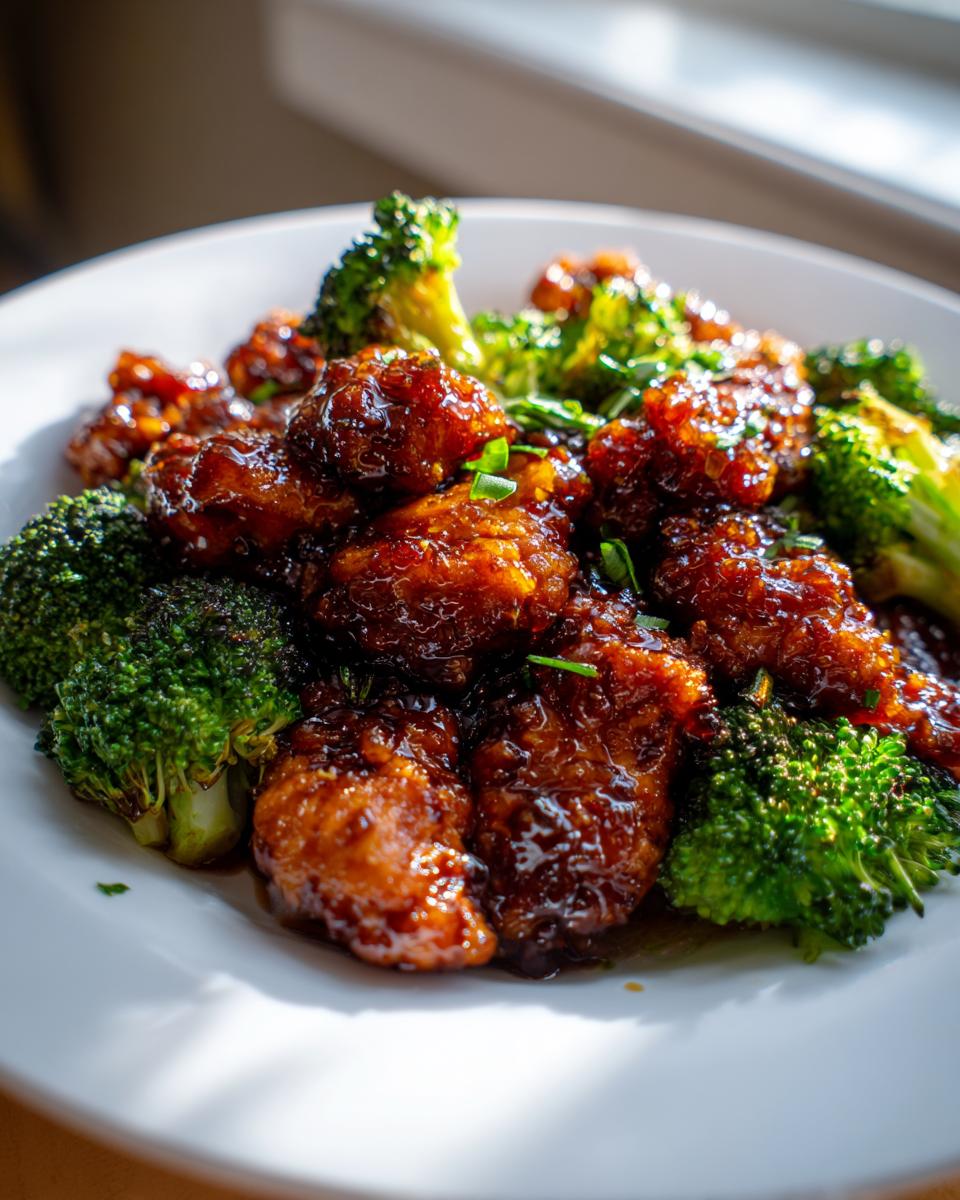 Close-up of saucy, glazed chicken and bright green broccoli florets served on a white plate.