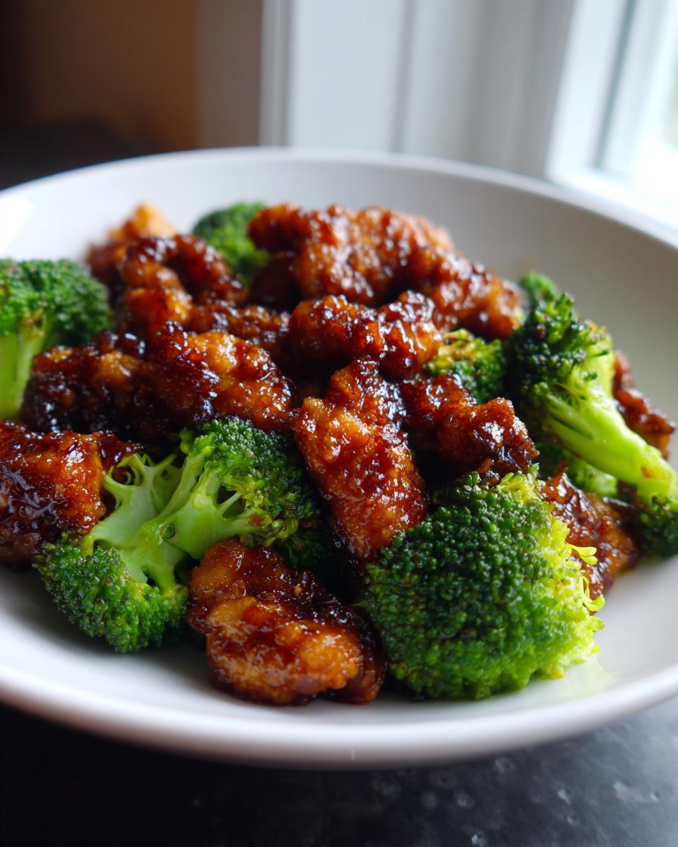 Close-up of glistening, saucy chicken and bright green broccoli florets in a white bowl, featuring amazing chicken and broccoli.