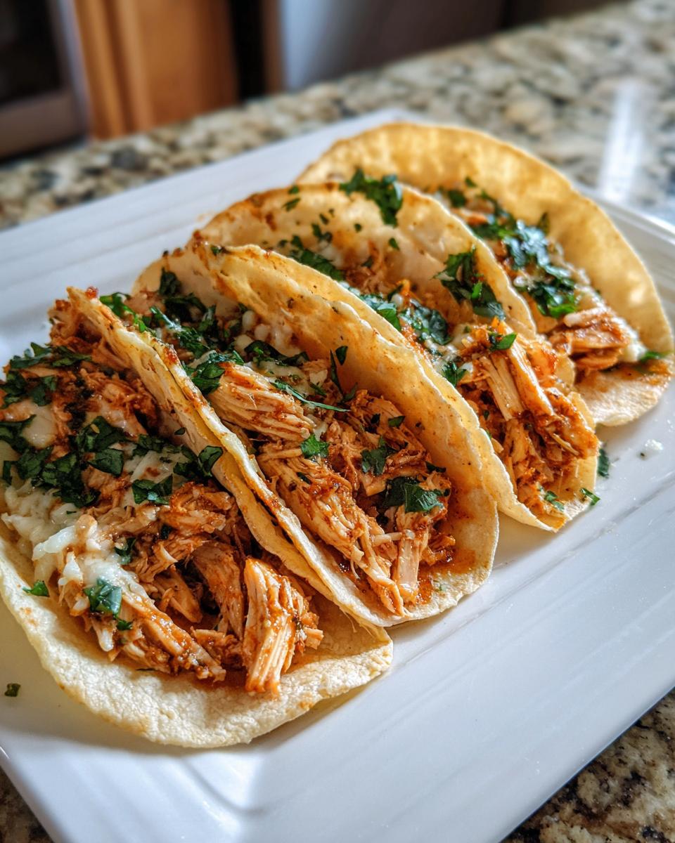Four soft corn tortillas filled with shredded, saucy chicken and topped with melted cheese and cilantro for amazing chicken tacos.
