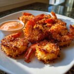 A plate of crispy, golden brown coconut shrimp served with a small bowl of creamy orange dipping sauce.