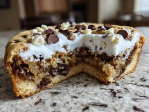 Close-up of a slice taken out of a thick cookie cake recipe, showing layers of dough, chocolate chips, and white frosting topped with chips.