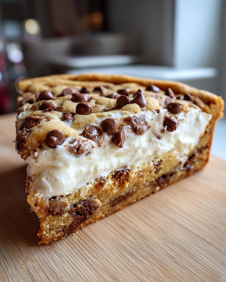 A thick slice of cookie cake recipe featuring a chocolate chip base and a generous layer of white frosting topped with more chips.