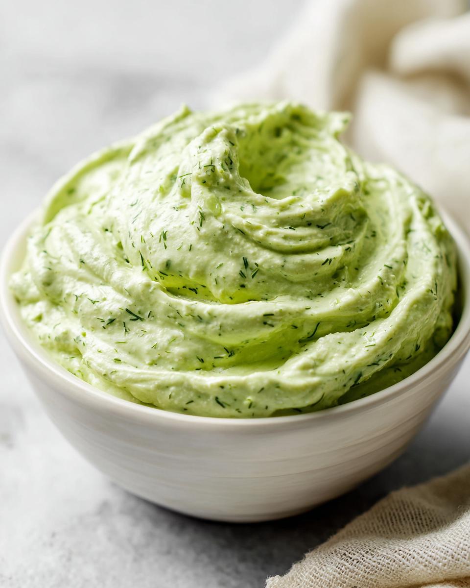Close-up of creamy, light green dill dip swirled high in a white bowl, flecked with fresh dill.