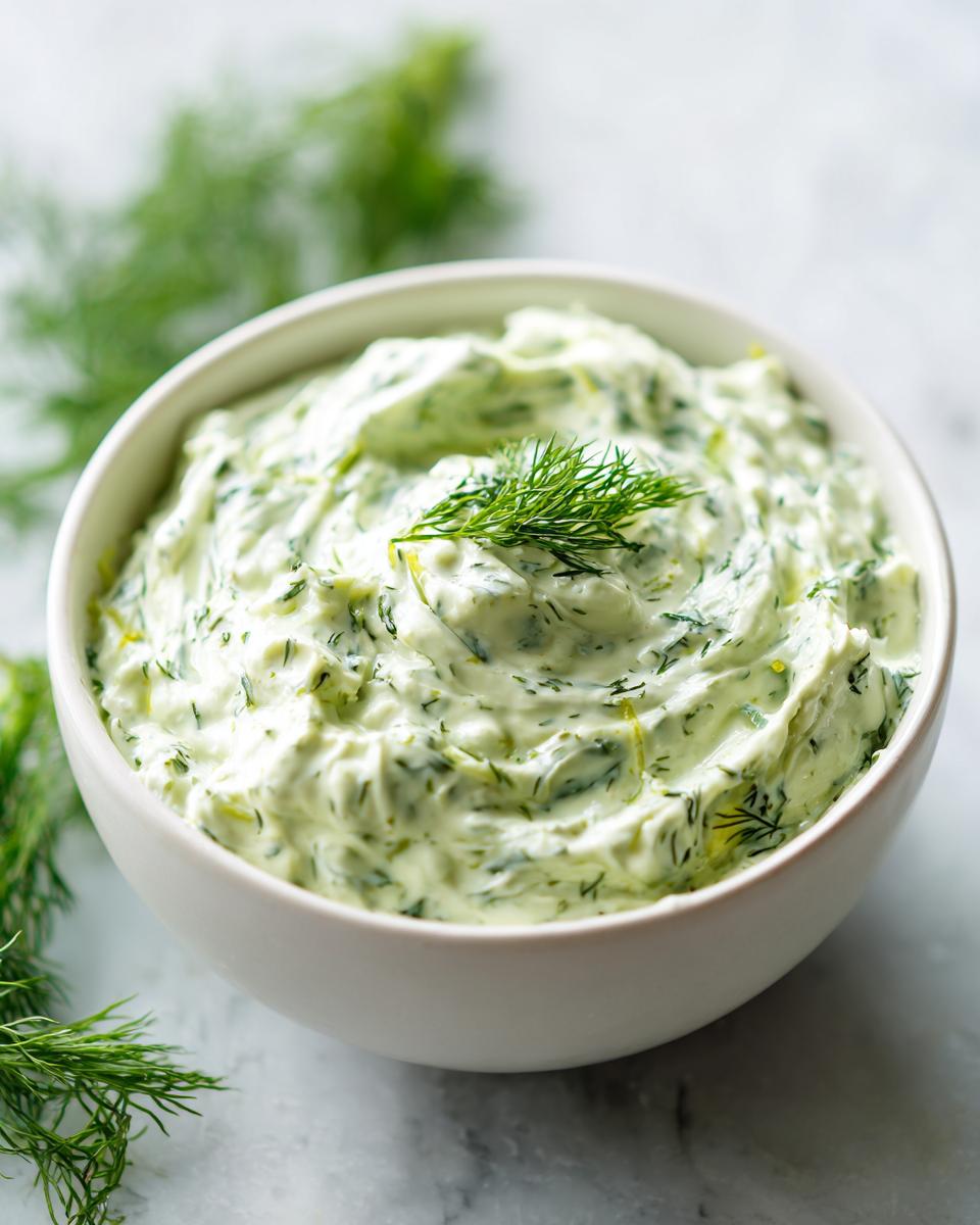 Close-up of a creamy, light green dill dip garnished with a sprig of fresh dill in a white bowl.