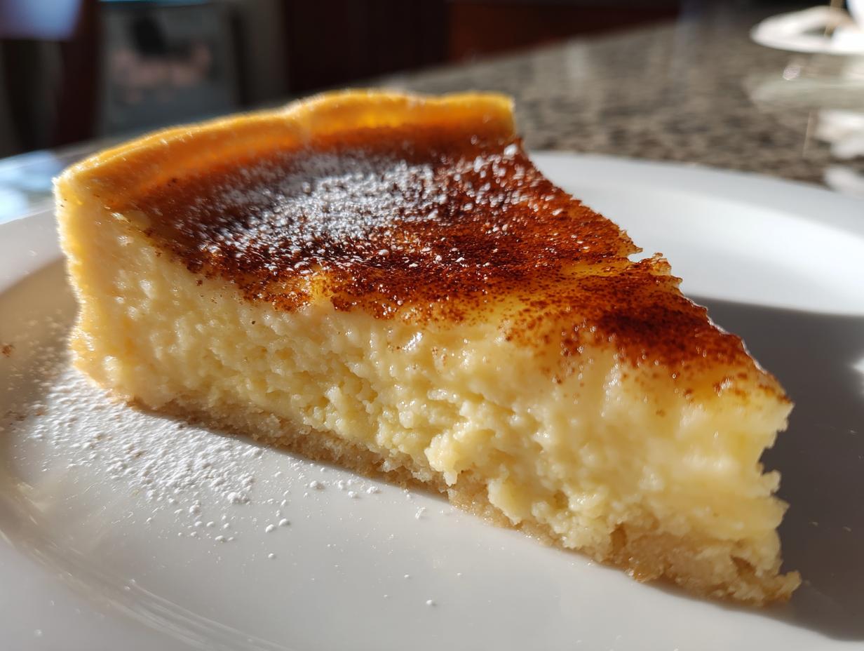 A close-up slice of creamy egg custard with a caramelized top dusted with powdered sugar on a white plate.