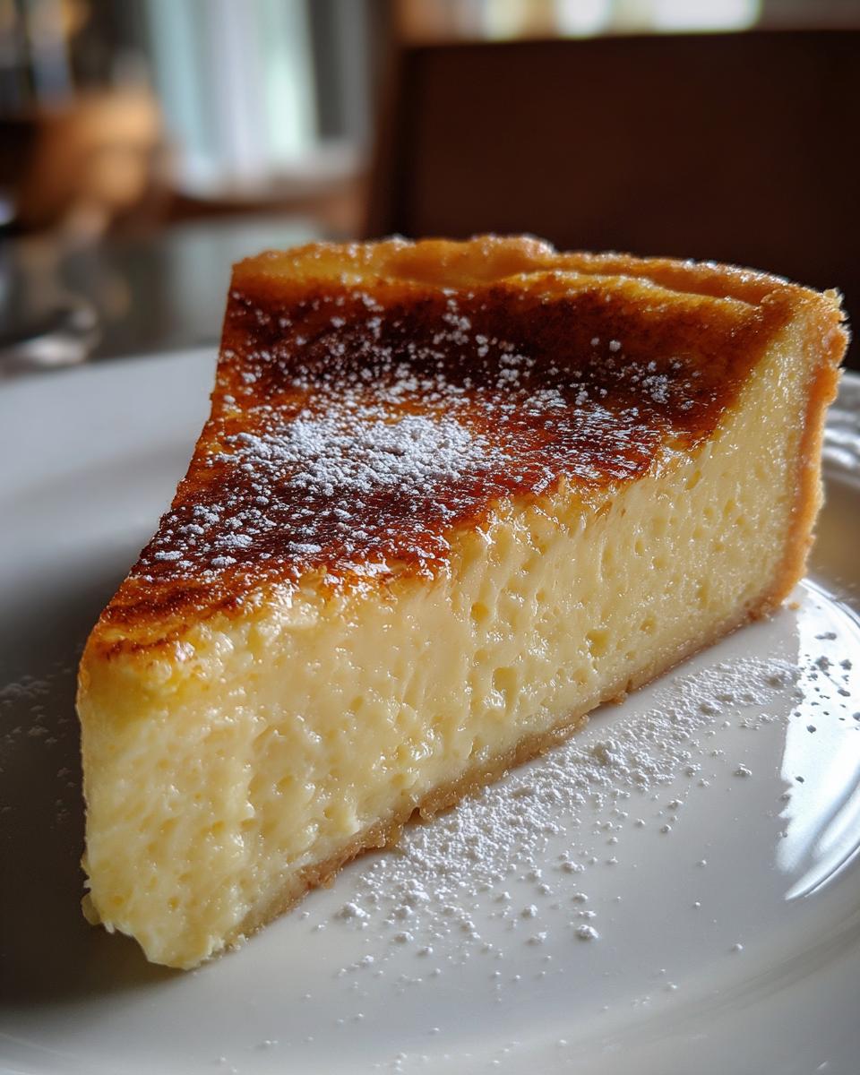 A thick slice of creamy, baked egg custard tart dusted with powdered sugar on a white plate.
