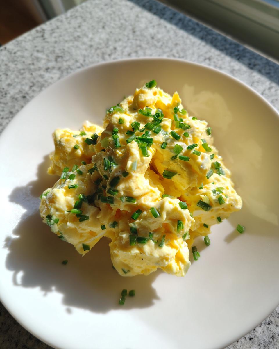 A mound of creamy, yellow egg salad recipe topped generously with freshly chopped green chives on a white plate.