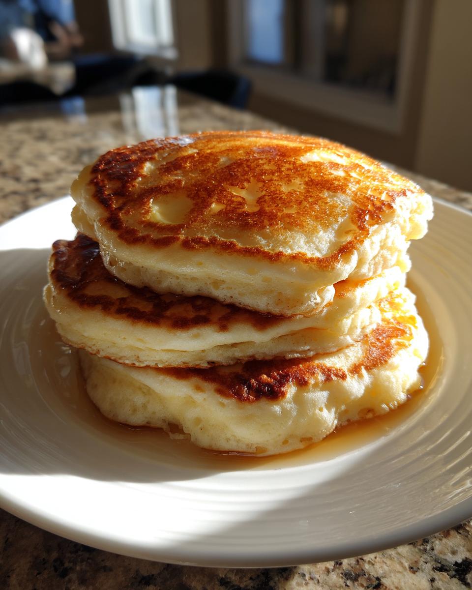 A stack of three golden brown, thick, fluffy pancakes drizzled with syrup, sitting on a white plate.