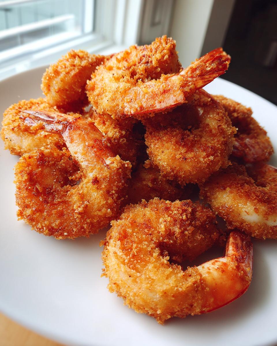 A close-up of a pile of perfectly golden brown, crispy fried shrimp with tails on, served on a white plate.