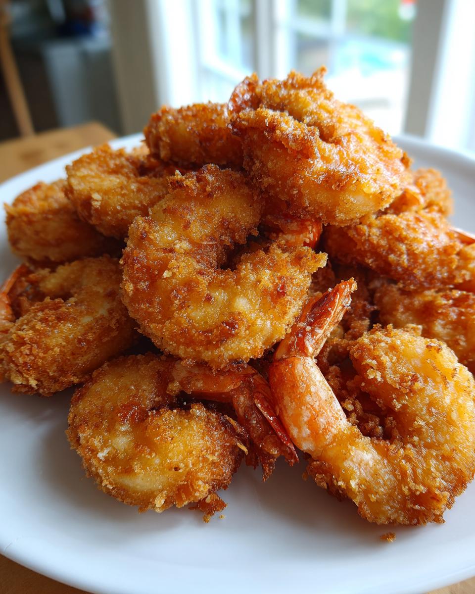 A close-up of a mound of golden brown, crispy fried shrimp piled high on a white plate.