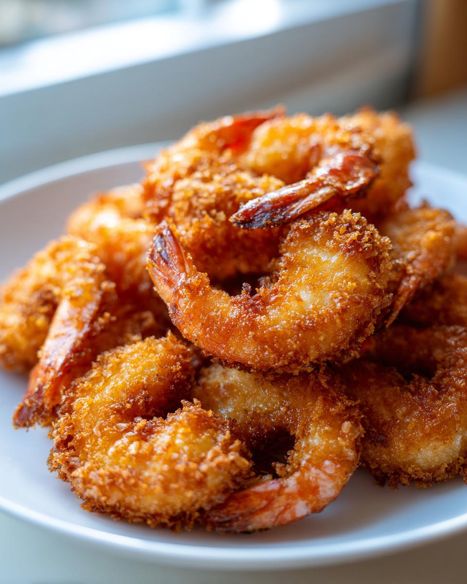 A close-up of a pile of golden brown, crispy fried shrimp with tails intact, served on a white plate.