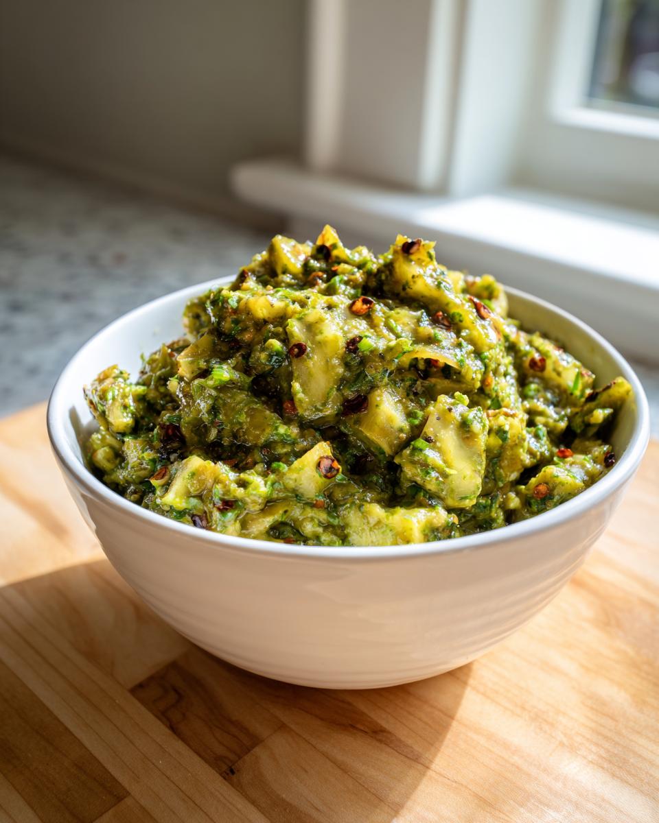 A white bowl filled with chunky, bright green tomato salsa, visible chili flakes, sitting on a wooden cutting board.