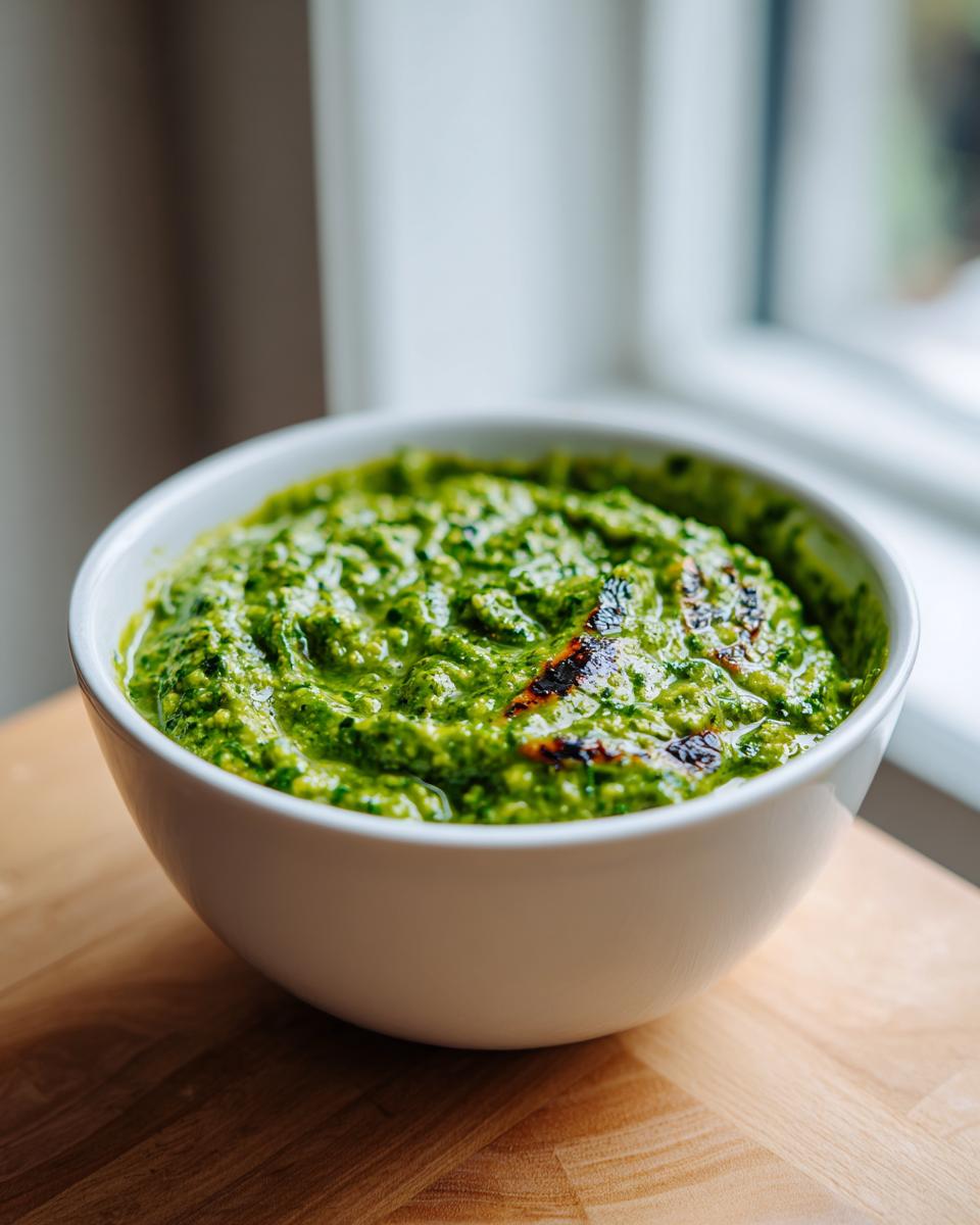 A white bowl filled with bright green, textured green tomato salsa, sitting on a wooden surface.