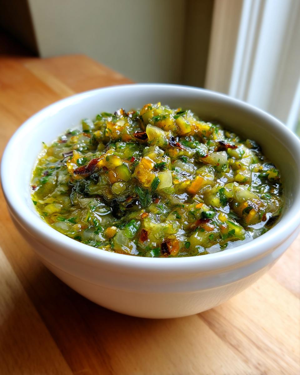Close-up of chunky, vibrant green tomato salsa with visible herbs and spices in a white bowl.