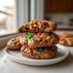 A stack of three homemade kitchen sink cookies, one cut in half showing the loaded interior, sitting on a white plate.