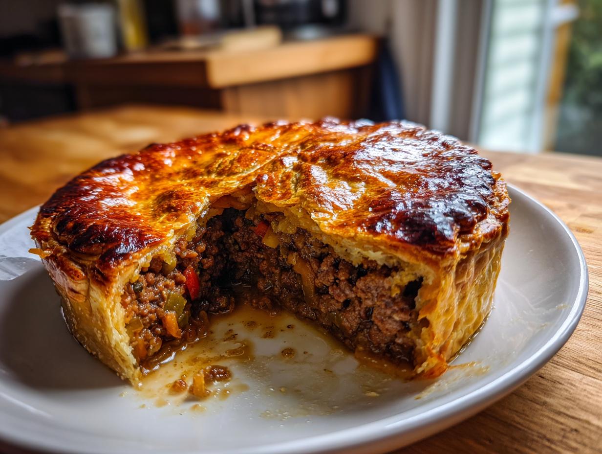 A deep-dish meat pie with a slice removed, revealing rich ground meat filling and a flaky, golden-brown crust.