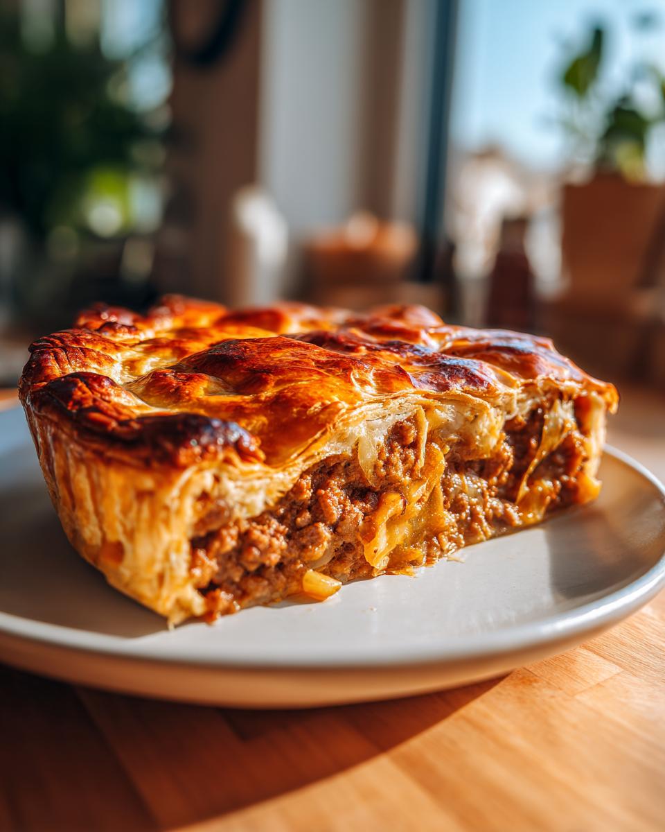 A close-up of a thick slice of meat pie showing rich ground filling and flaky, golden-brown pastry crust.