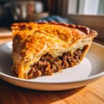 A close-up slice of a savory meat pie showing a rich, seasoned ground meat filling and a flaky, golden-brown pastry crust.