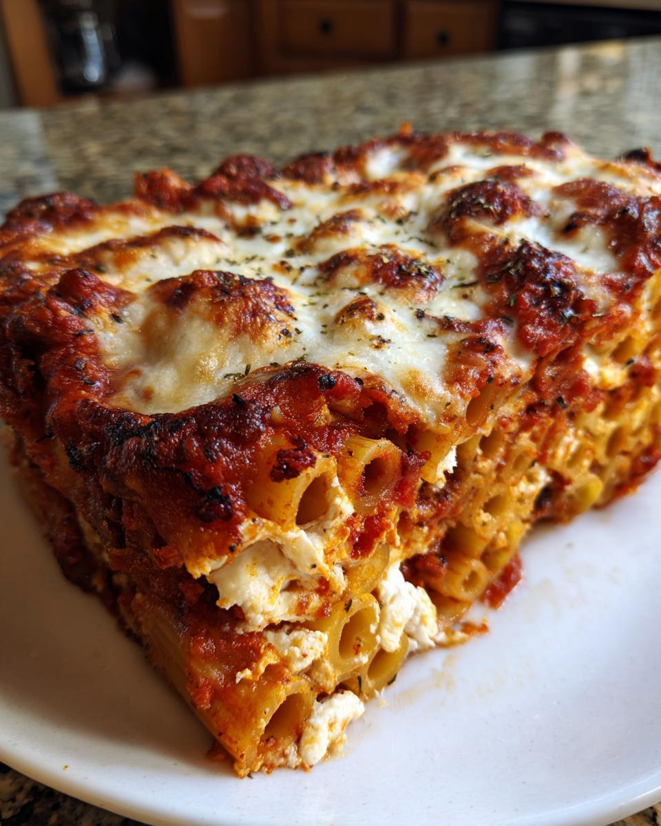 Close-up of a hearty slice of pasta bake showing tubular pasta, ricotta cheese, and a browned, bubbly mozzarella topping.