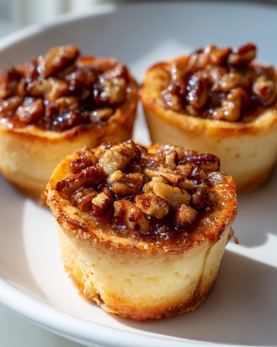 Three golden-brown pecan tassies with sticky, caramelized pecan topping resting on a white plate.