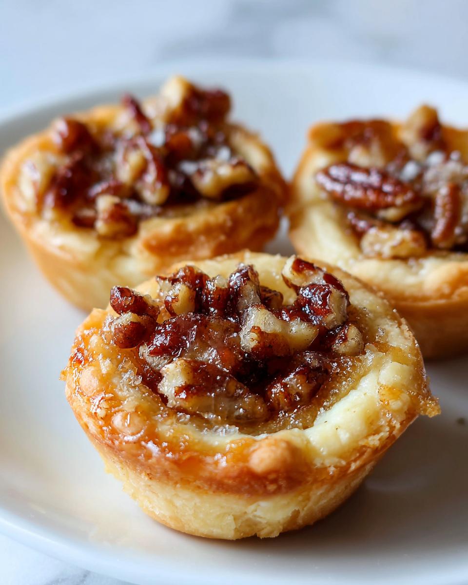 Three delicious pecan tassies with flaky crusts and gooey pecan topping served on a white plate.