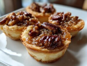 Four freshly baked pecan tassies with a gooey, caramelized pecan topping sitting on a white plate.