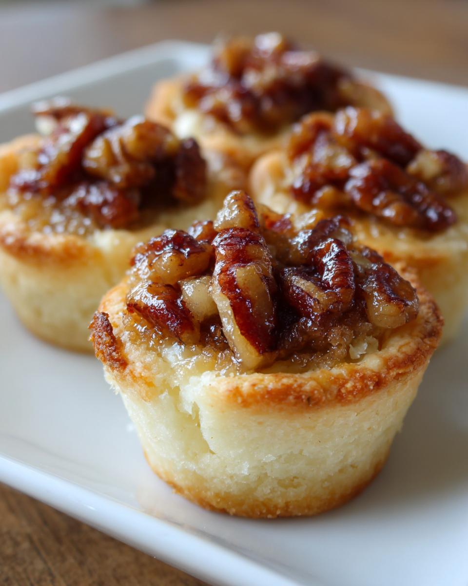 Close-up of three amazing pecan tassies with a flaky crust and sticky, glazed pecan topping.
